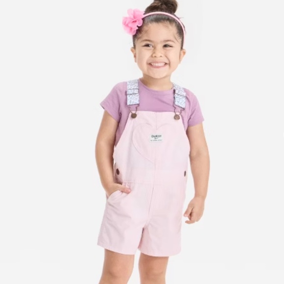 Oshkosh B'gosh Girls' 2T Heart-Print Knit Denim Overalls Pink - Picture 1 of 10